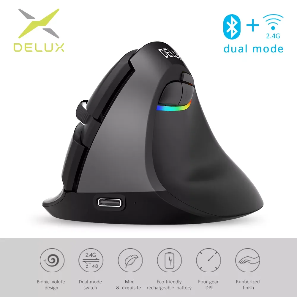 

Delux M618 Mini BT 4.0+2.4GHz Dual mode Wireless Mouse Ergonomic Rechargeable Silent click Vertical Mice For Computer