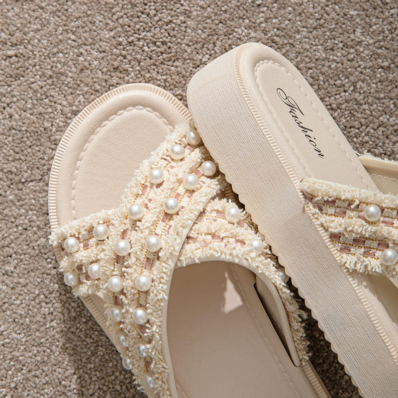 Summer Thick Bottom Women Slippers with Pearl Fashion Outdoor Sandals Female Open Toe Beach Shoes Home Bathroom Flip Flops