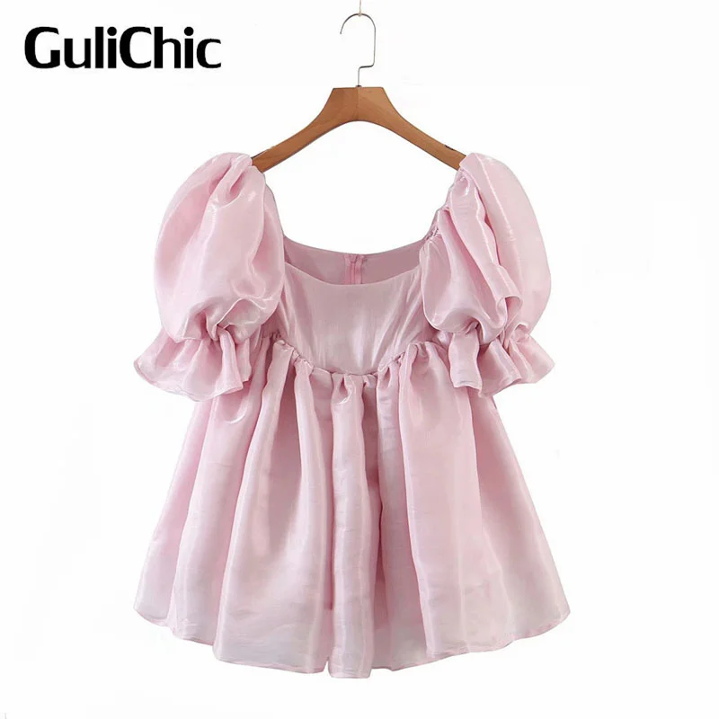 

4.25 GuliChic Women Sweet Fashion Square Collar Puff Sleeve Loose Casual Solid Color Organza Mini Dress