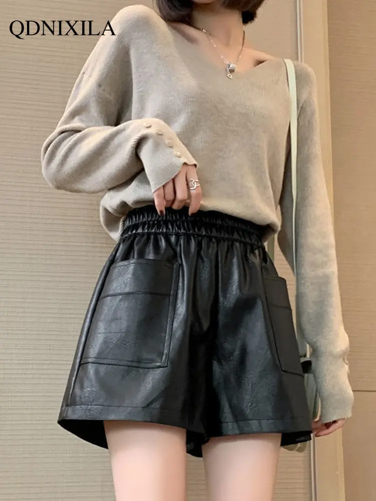 2022 Autumn Winter Fashion Leather Shorts for Women New PU Loose Wide Leg High Waist Bottomed Boots and Pants Womens Clothing