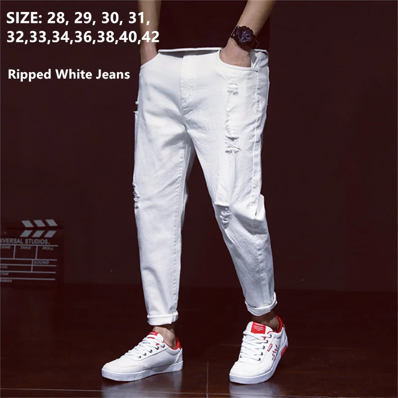 

White Jeans Men Ripped Harem Boys Denim Distressed Black Pants Spring Summer Male Plus Size 38 40 42 Big Cowboy Trousers