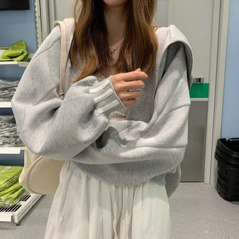 Женский свитер с капюшоном и кроличьими ушками серая свободная короткая куртка