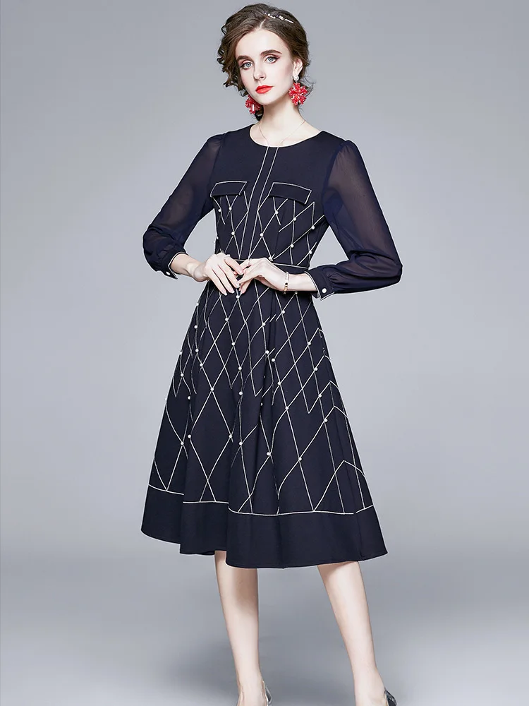 

2023 Spring/Autumn New Women's Dress Dark Blue Round neck studded embroidery stitching with long sleeves Long skirt for women