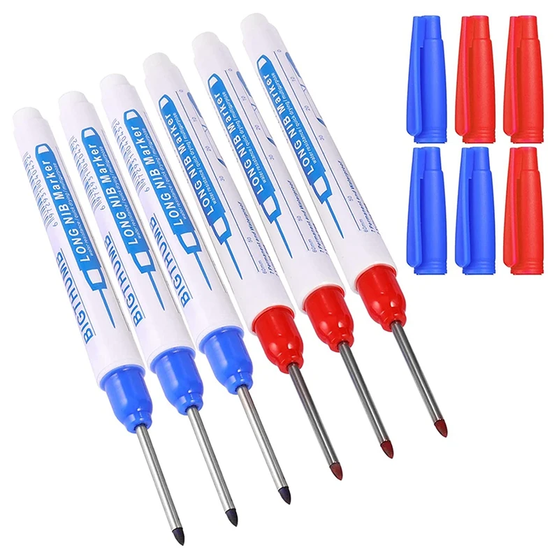 

6Pcs Drill Hole Marker, 30Mm Extra Long Tip Deep Hole Marker Pencil, Slot Marker, Construction Site Marker Pen, Blue Red