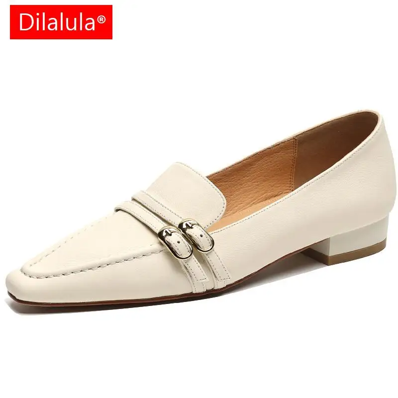 

Dilalula Spring Summer Women Pumps Mature Vintage Low Heels Genuine Leather Metal Buckle Shoes Woman Office Ladies Dress Classic
