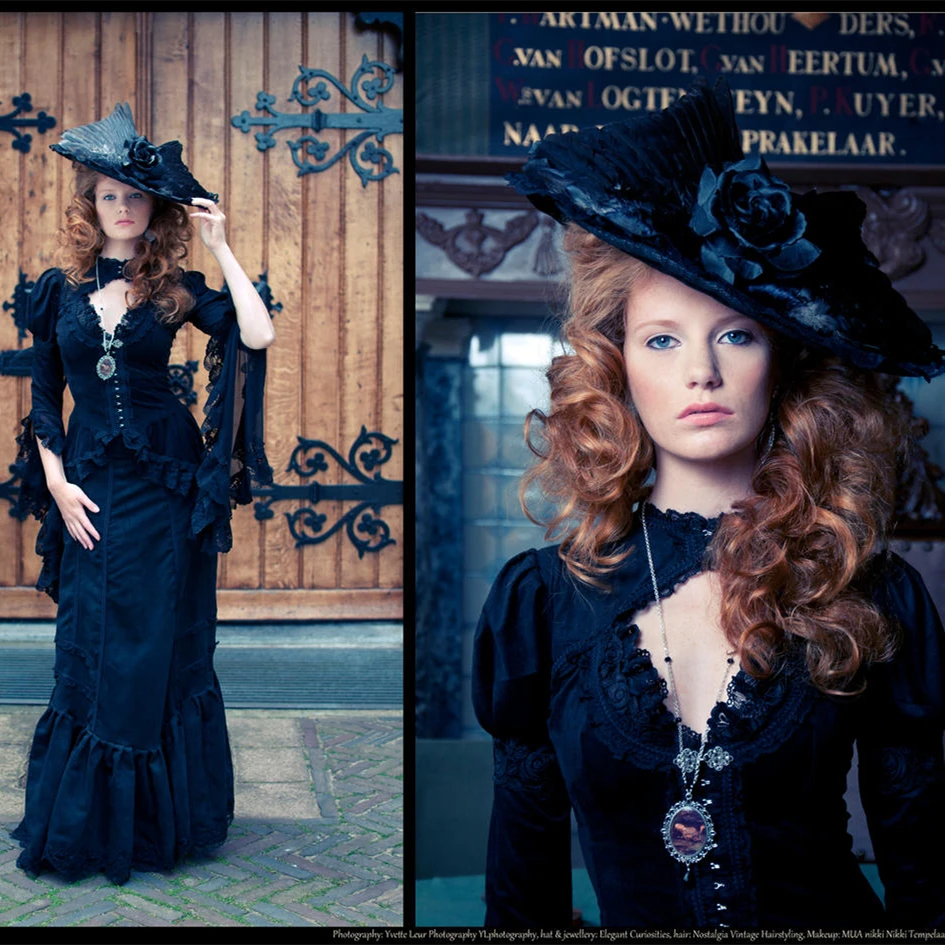 

Vintage Victorian Black Mermaid Wedding Dresses Long Sleeve V-Neck Gothic Wedding Gowns Ruffles Floor Length Retro Bride Dress