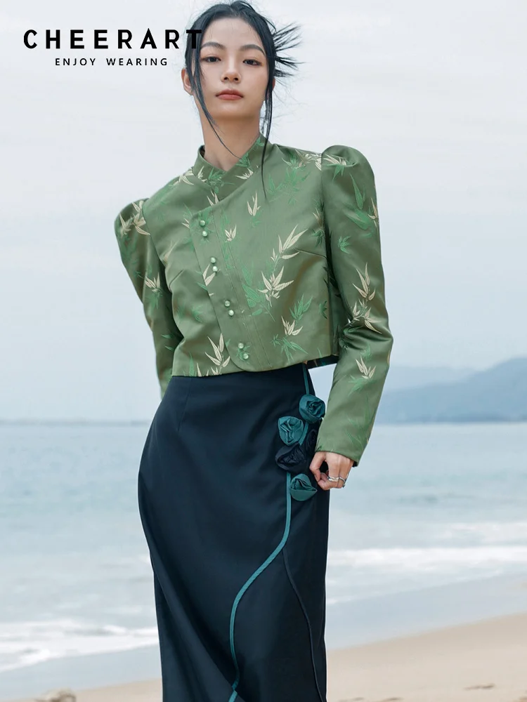 

CHEERART, винтажные Зеленые Бамбуковые рубашки с принтом и рукавами принцессы, элегантный укороченный Топ с длинным рукавом, блузка, Женская Весенняя 2023