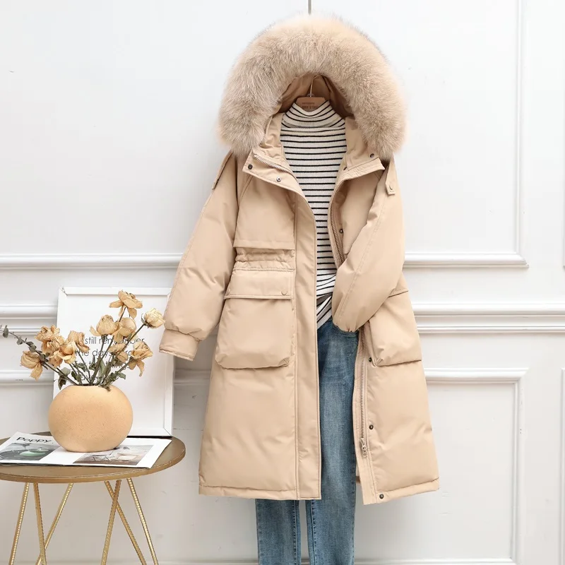 Solid Color Women White Duck Down Jacket Hooded Big Fur Collar New Parka Mid-length Thick Pocket Fashion Coat Fit Autumn Winter