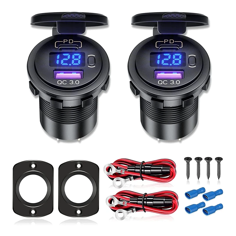 

2 шт., автомобильные розетки USB C, 48 Вт, 12/24 в, Тип C, PD3.0 и QC3.0, USB-розетка светодиодный вольтметром и переключателем для автомобиля 12/24 в