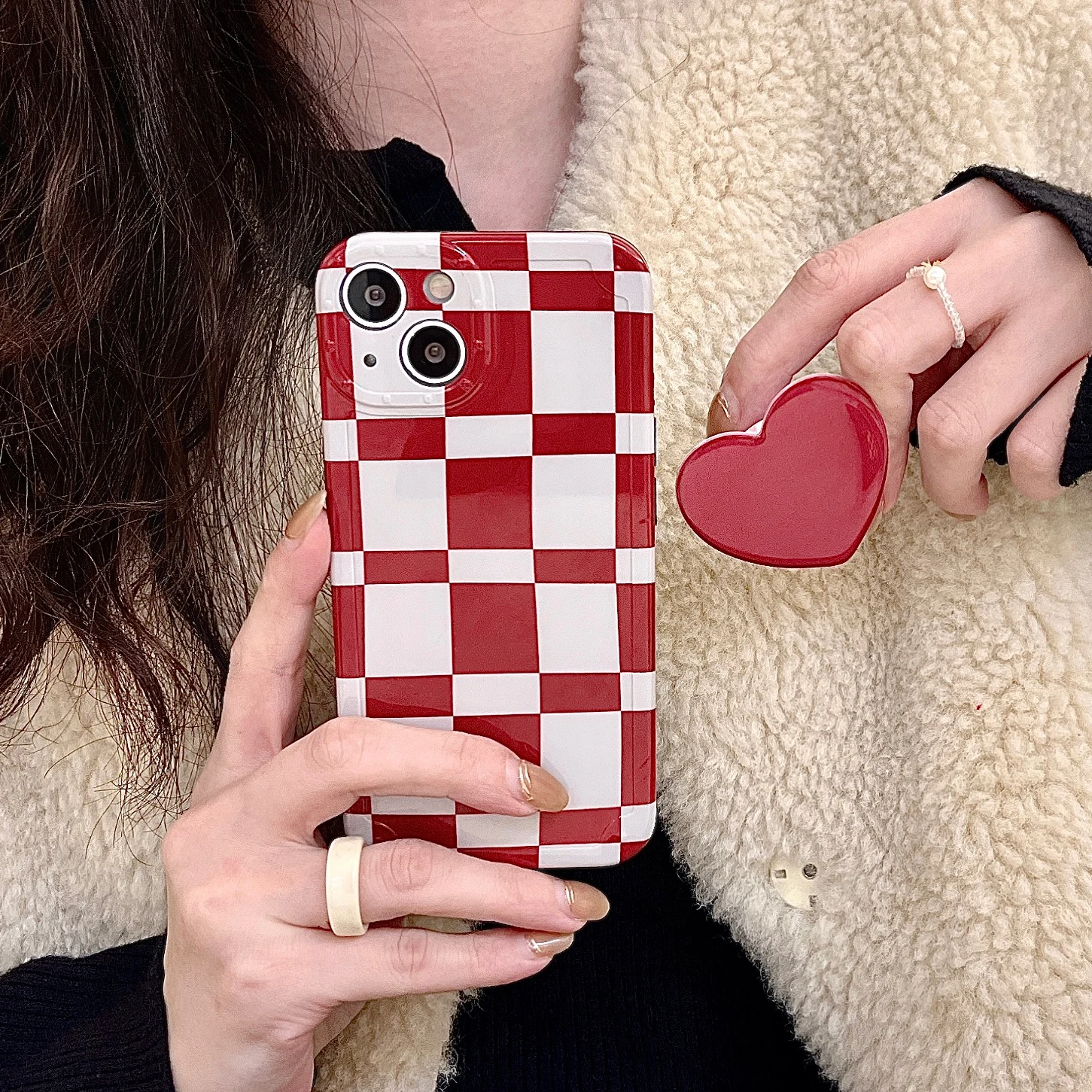 

Red and white chessboard with heart bracket Phone Cases For iPhone 13 12 11 Pro Max Mini XR XS MAX Back Cover