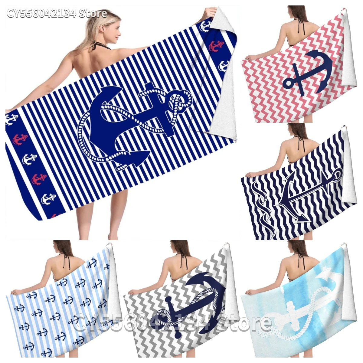 Nautical Themed Anchors Pattern Beach Towel,Microfiber Sand Free Striped Beach Towels for Adults Kids,Quick Dry Navy Blue Towel