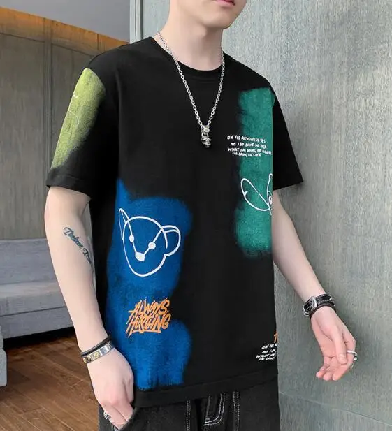 

New Summer Men's Cute Cartoon Doodle Round Collar Short Sleeve Cotton Blend Casual T-Shirt ABD253