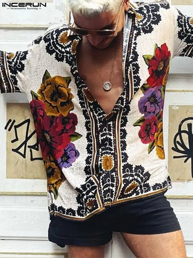 INCERUN Tops 2022 New Men's Stylish Symmetrical Printing Blouse Casual Streetwear Male Hot Sale Short Sleeve Lapel Shirts S-5XL