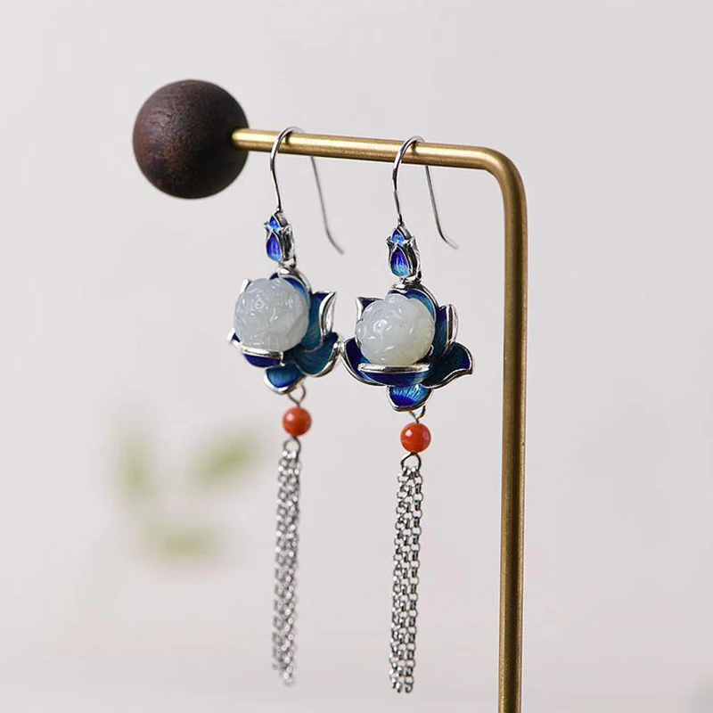 

Натуральные эмалированные фарфоровые серьги Hetian в виде белого Нефритового пруда лотоса, Роскошные Очаровательные женские аксессуары