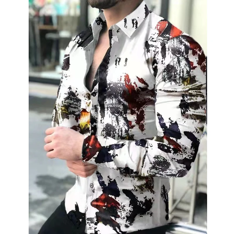 

2022 Men's Slim Shirt Autumn Casual Turn-down Collar Streetwear Fashion Together Printed Long Sleeve Oversize Shirt For Men Tops