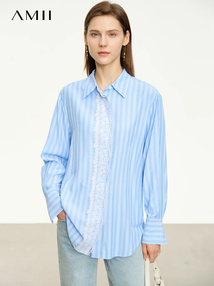 

AMII Minimalism 2023 Striped Women's Shirt Autumn Loose Office Lady Lace Turn-down Collar Unique Loose Premium Tops 12343075