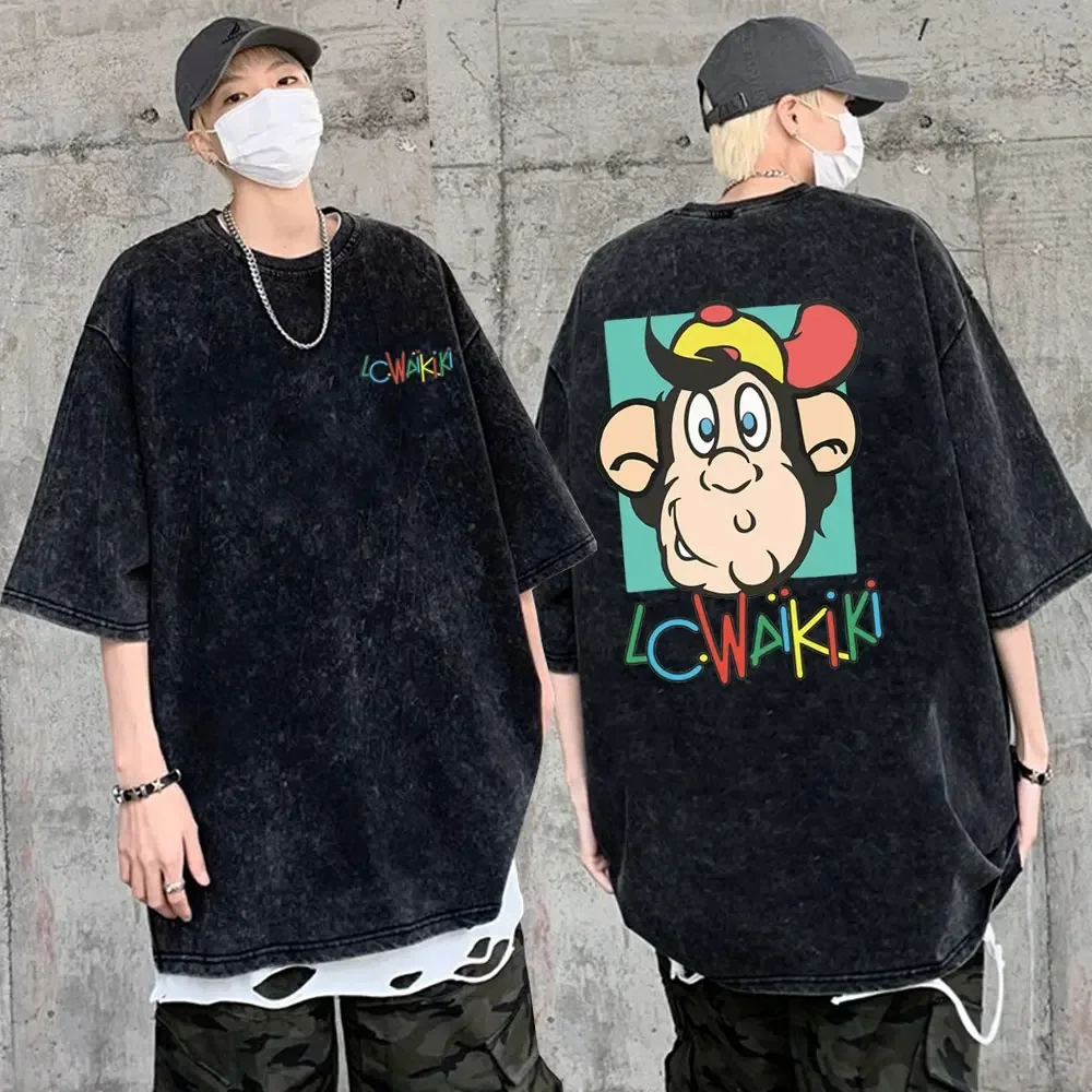 

Wash Vintage Monkey Graphic Tshirt Lc Waikiki Monkey Double Sided Print T Shirt Men Hip Hop Loose T-Shirt Mens 100% Cotton Tees