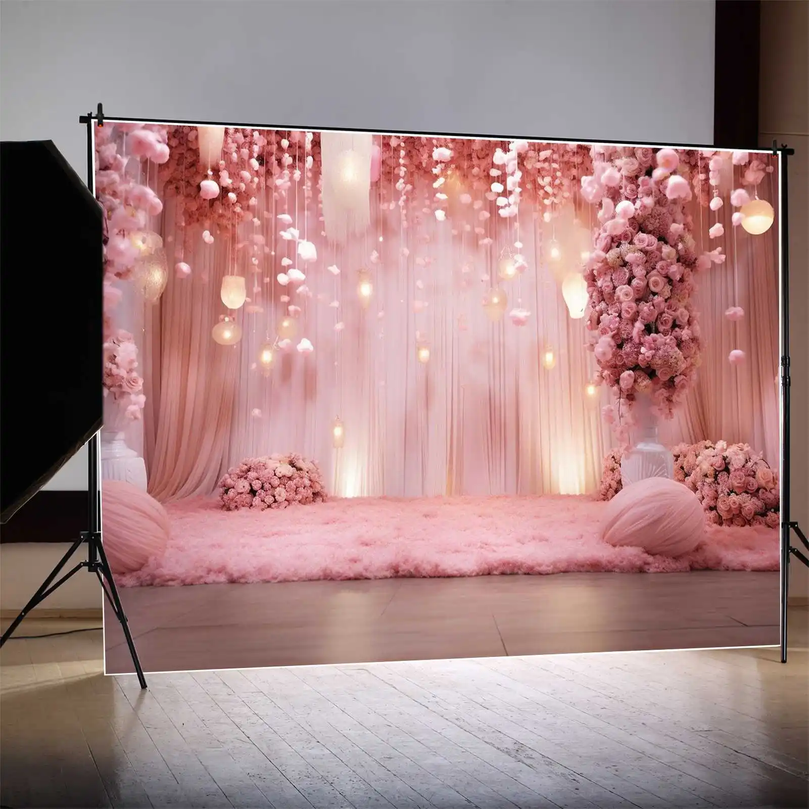 

MOON.QG Backdrop Wedding Draping Fabric Background for Photoshoot Pink Floral Flower Candle Light Up Curtain Carpet Decorations