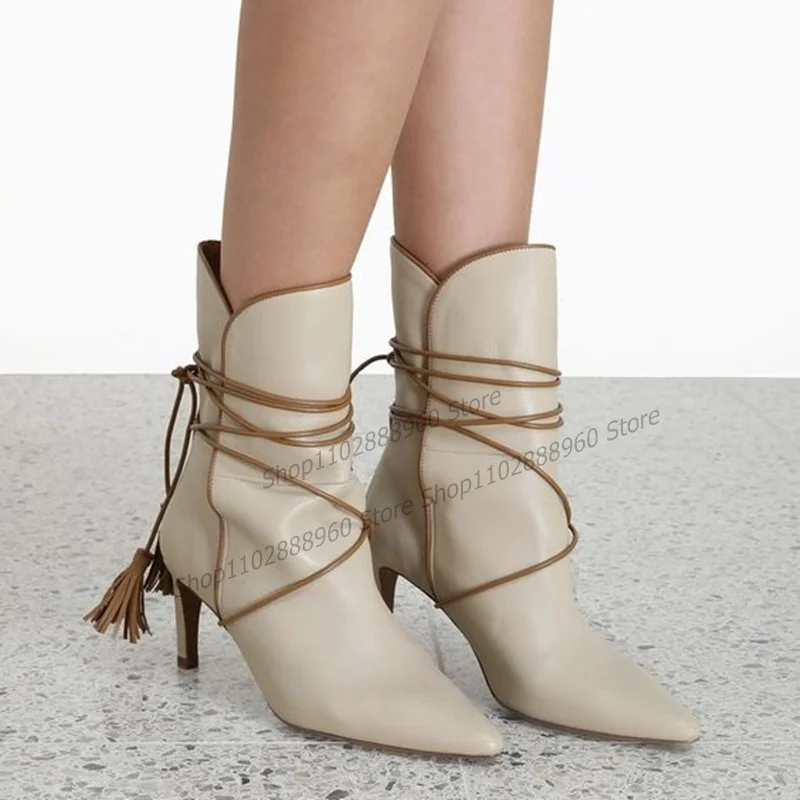 Сапоги Aprciot до середины икры с бахромой и шнуровкой Женская обувь на шпильке без