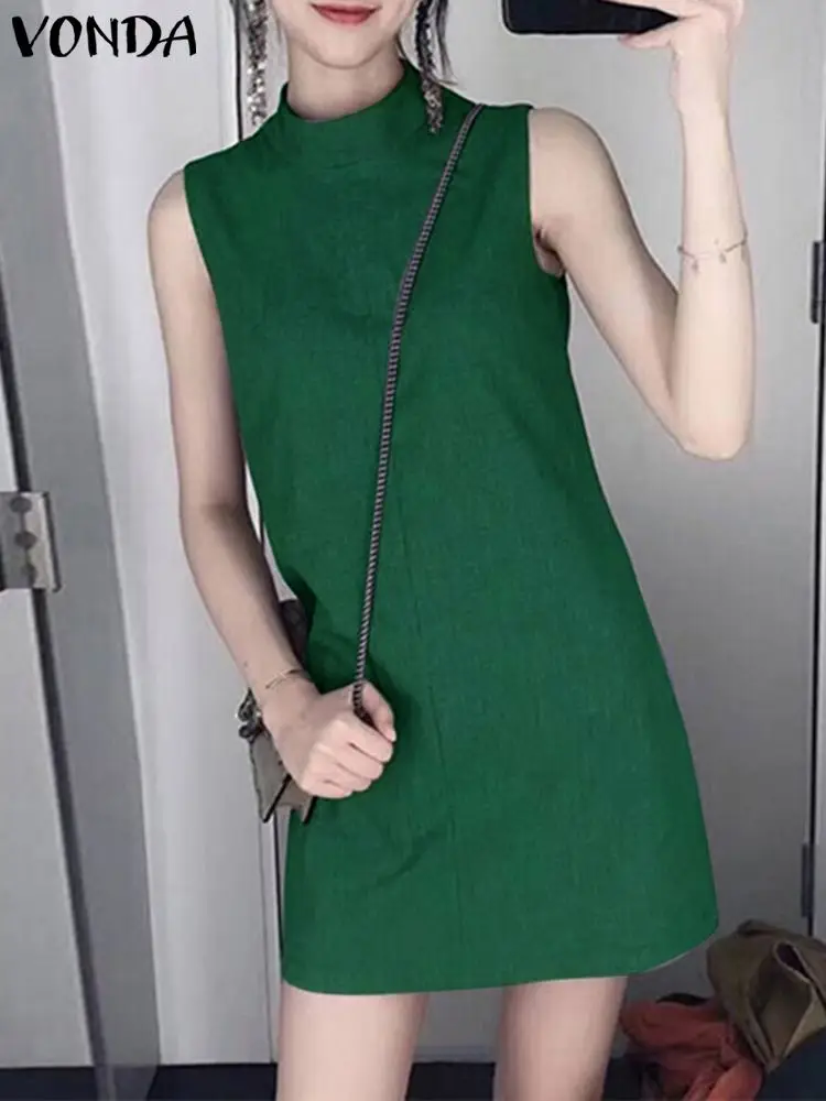 

Elegant Sundress VONDA Solid Color Mini Dress Women Stand Collar Sleeveless Casual Loose Fashion Party Vestidos Short Robe Femme