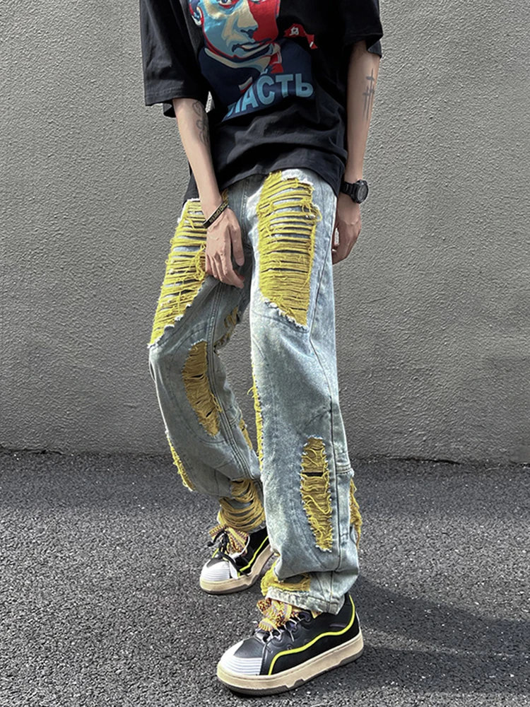 Men's High Street Jeans Four Seasons Design Straight Pants Trend Loose Wide Leg Ripped Pants Hip Hop Jeans Ins Hot Sale