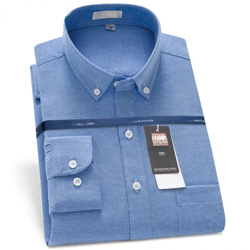 

Men's Oxford Shirt Long Sleeve Solid Color Blue Shirts Casual Business Dress Shirt Chest Plaid Striped Shirt Button-down Collar