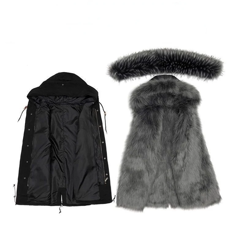 New Winter Ladies Casual Fashion Cotton Clothing Long Women's Disassembled Raccoon Fur Thick Big Size Coat