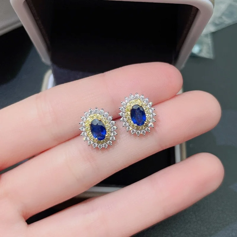 

Gemicro Silver 925 Earrings with Blue Oval Shape Natural Sapphire Gemstone Stud Earrings for Women Wedding Jewelry Wholesale