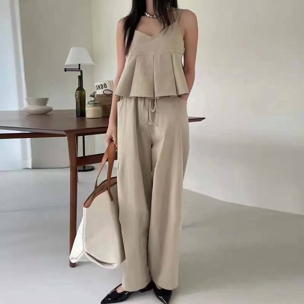 

Two Piece Sets Korean Chic Pleated Camisole And Casual High Waist Loose Wide Leg Pants Suit Women Summer 2022 New Japan