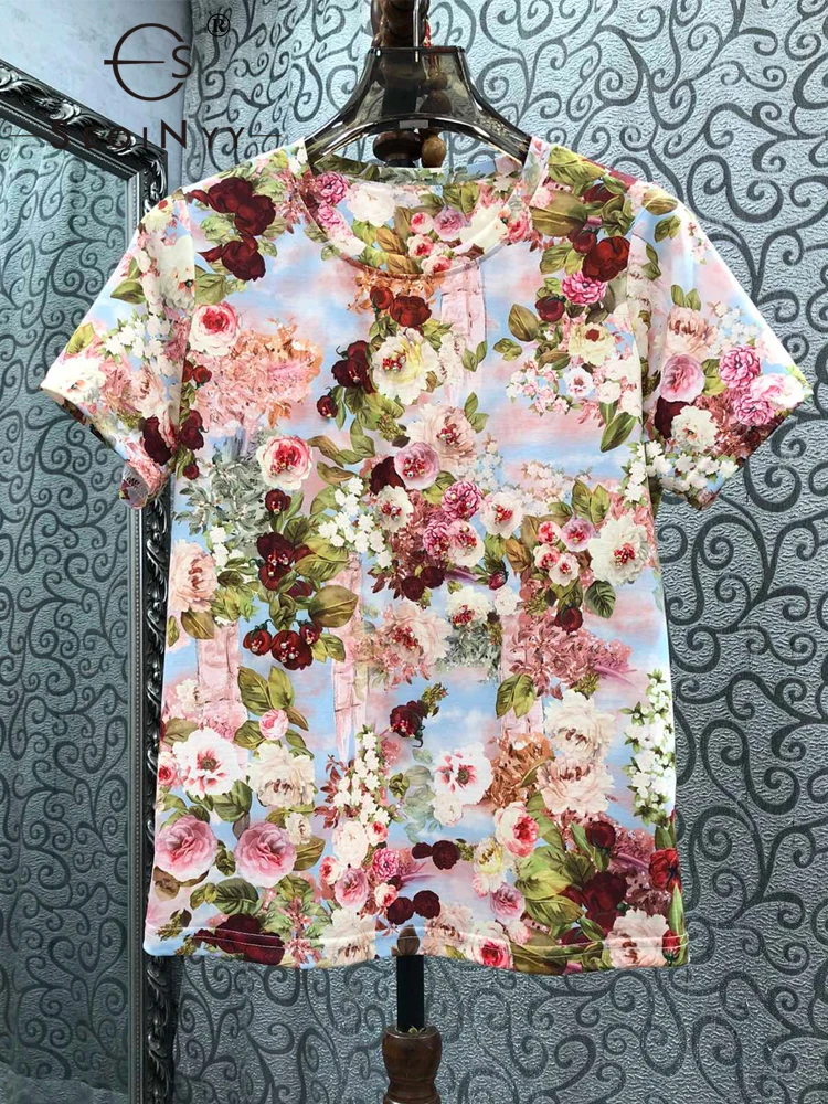 

Женская Винтажная Футболка SEQINYY, синяя футболка с бисером и цветочным принтом, лето-весна