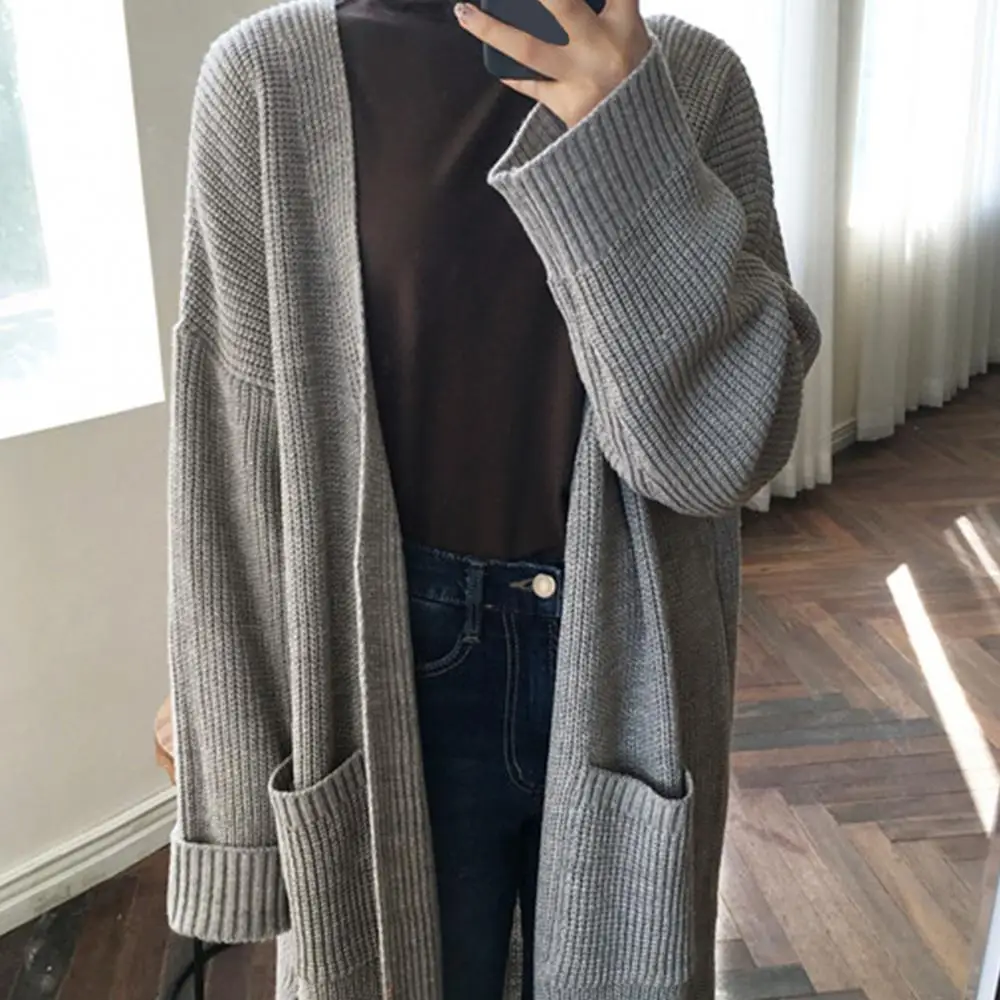 

Dropshipping!Fashion Women's Jacket Solid Color Long Sleeve Pocket Loose Mid-length Sweater Jacket Autumn Cardigan