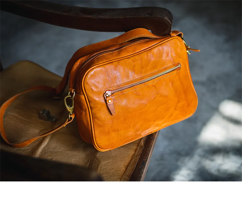 Fashion luxury handmade designer natural real leather men diagonal bag outdoor daily travel mobile phone storage messenger bag