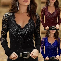 womens t shirt v neck blouse beaded tops ladies casual pullover lace long sleeve