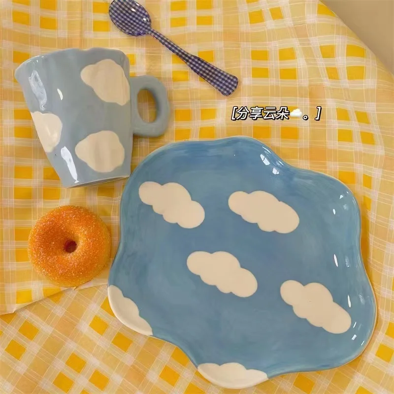 Blue And White Cute Clouds Hand Pinched Irregular Ceramic Mug Breakfast Plate Dessert Plate Home Dining Plate Set