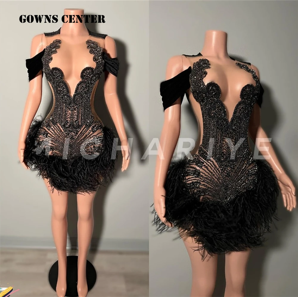 

Mysterious Beaded Crystals Feathers Black Mini Prom Dresses Luxury Mermaid Birthday Party Dress Sweetheart Mini Cocktail Gown