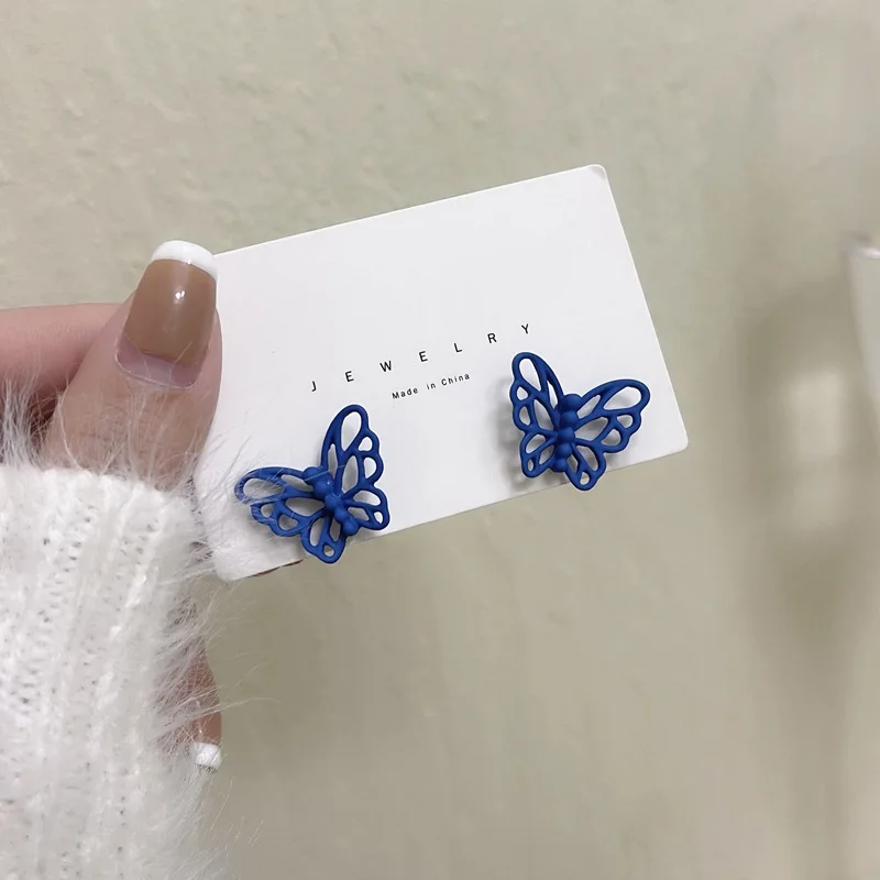 

Hollow Temperament Butterfly Christmas Earrings Blue Korean Cute Earrings Jewelry