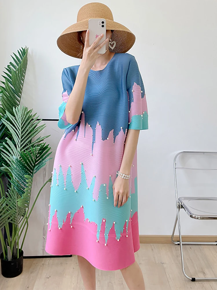 

Delocah High Quality Summer Women Fashion Runway Party Midi Dress Short Sleeve Beading Colorblock Print Loose Pleated Dresses