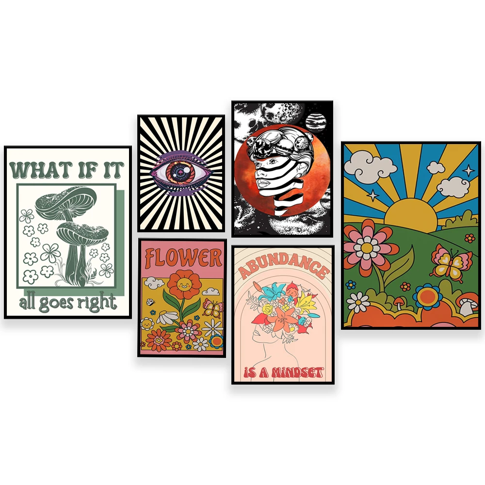 Психоделический плакат 70-х с радужным закатом знак мира в стиле хиппи сглаза