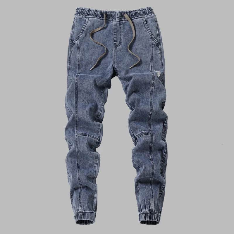 

Men Jeans Pactchwork Elastic Waist Bind Feet Streetwear Denim Pants Trend Brand Trousers Casual Solid Biker High Quality Neutral
