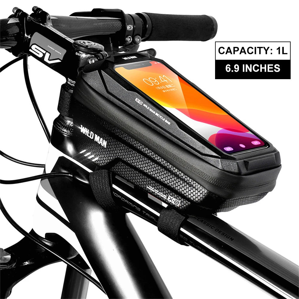 

WILD MAN Bike Bag 1L Frame Front Tube Cycling Bag Bicycle Waterproof Phone Case Holder 7 Inches Touchscreen Bags MTB Accessories