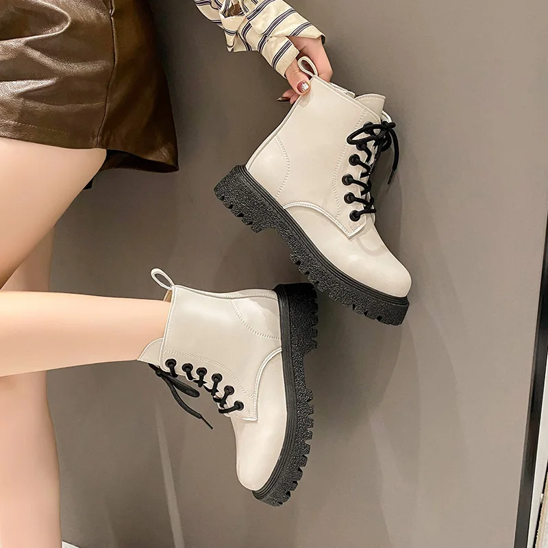 

2022 Martin Boots Short Boots Retro Thick Sole Women's Shoes Fashion Short Tube Lace Leather Thick Heel Women's Boots