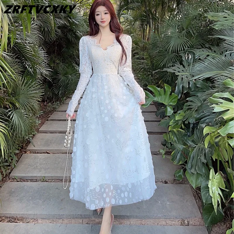 Women New Summer Fall Embroidery Lace White Long Dresses Sweet Bubble Sleeve Designer Sequin Wedding Party One-Piece Dress
