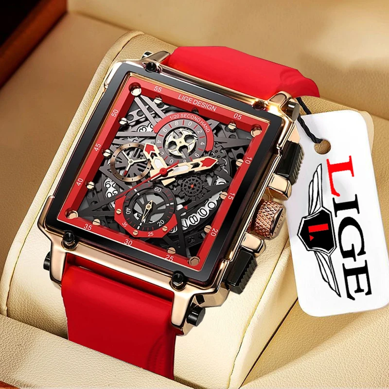 

2022 LIGE Men's Sports Chronograph Wrist Watch For Men Army Silicone strap Square Quartz Stop Watch Clock Man Relogios Masculino
