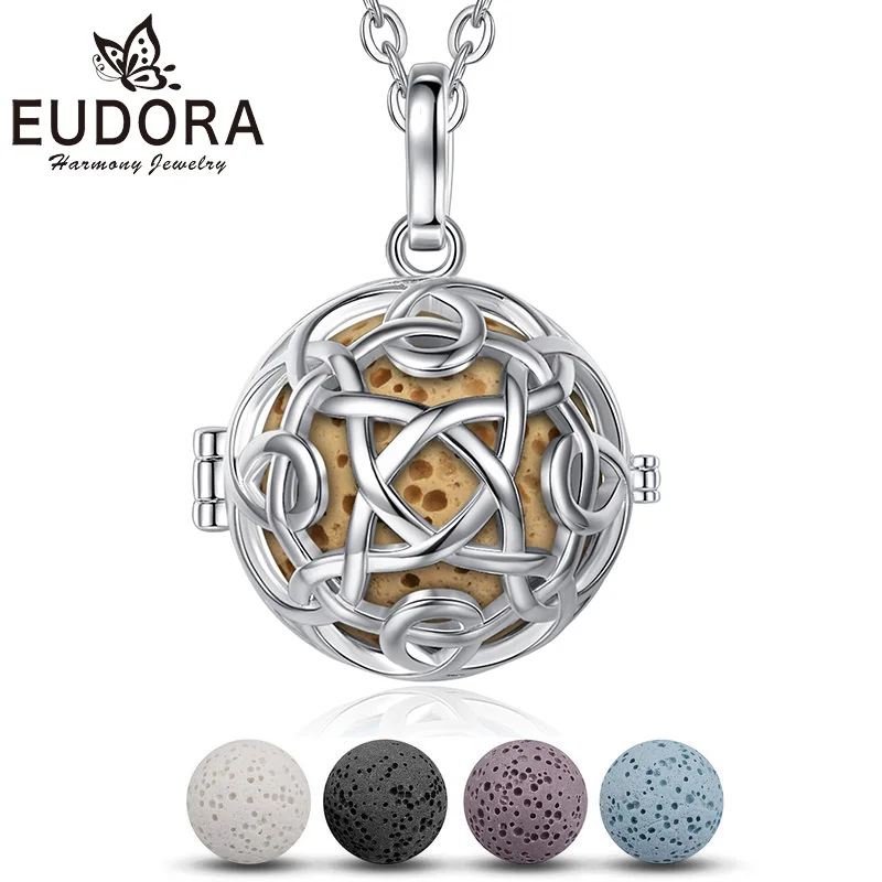 Eudora 20MM Volcanic Lava Stone Necklace Ball Box Celtic Knot Cage Locket Pendant Perfume Aroma Diffuser Aromatherapy Jewelry