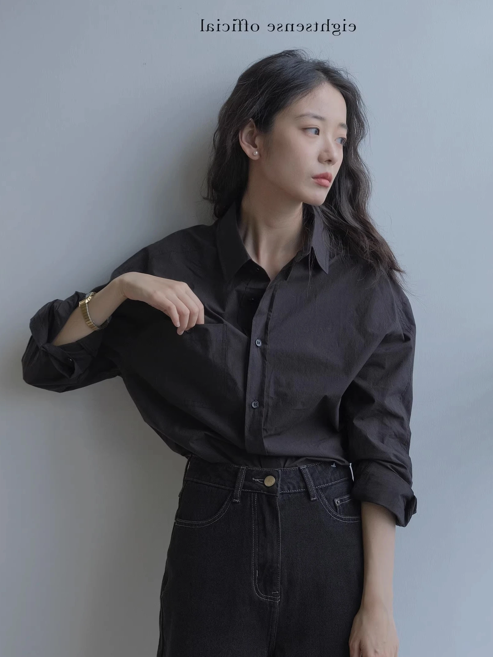 Spring and Autumn New French sle Retro Unique Loose Slimming Black Shirts Women's Long-Sleeved Stacked Outdoor Mysterious S...