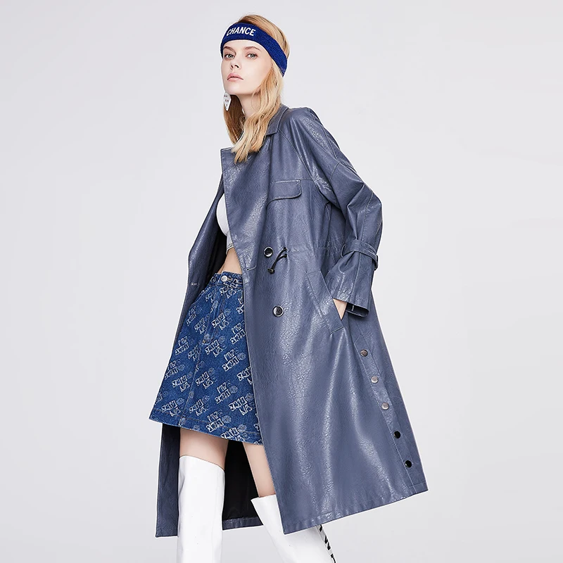 JAZZEVAR Leather Trench Coat Female Cloak 2023 Autumn and Winter New Double-breasted Over-the-knee Long Loose Windbreaker