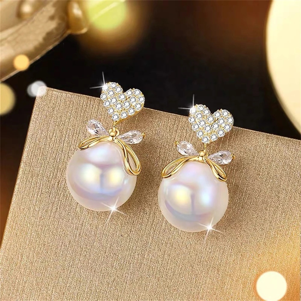 Luxury Imitation Pearl Bow Zirconia Pendant Earrings for Women Girls Elegant Crystal Heart Pearl Stud Earrings Exquisite Gifts