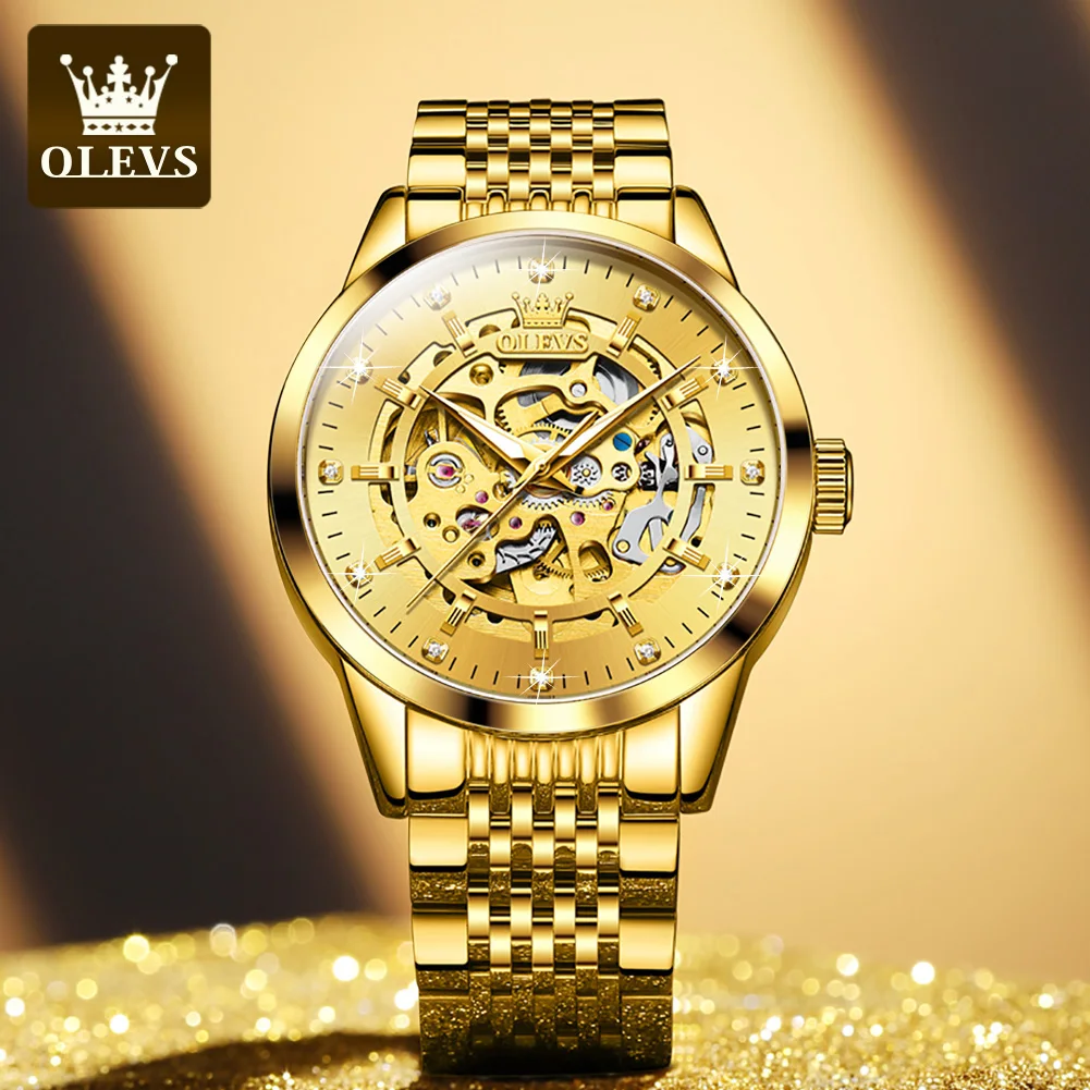 OLEVS 9920 Top Brand Men's Luxury Automatic Mechanical Watches Waterproof Stainless Steel Fashion Luminous Gold Skeleton For Men enlarge