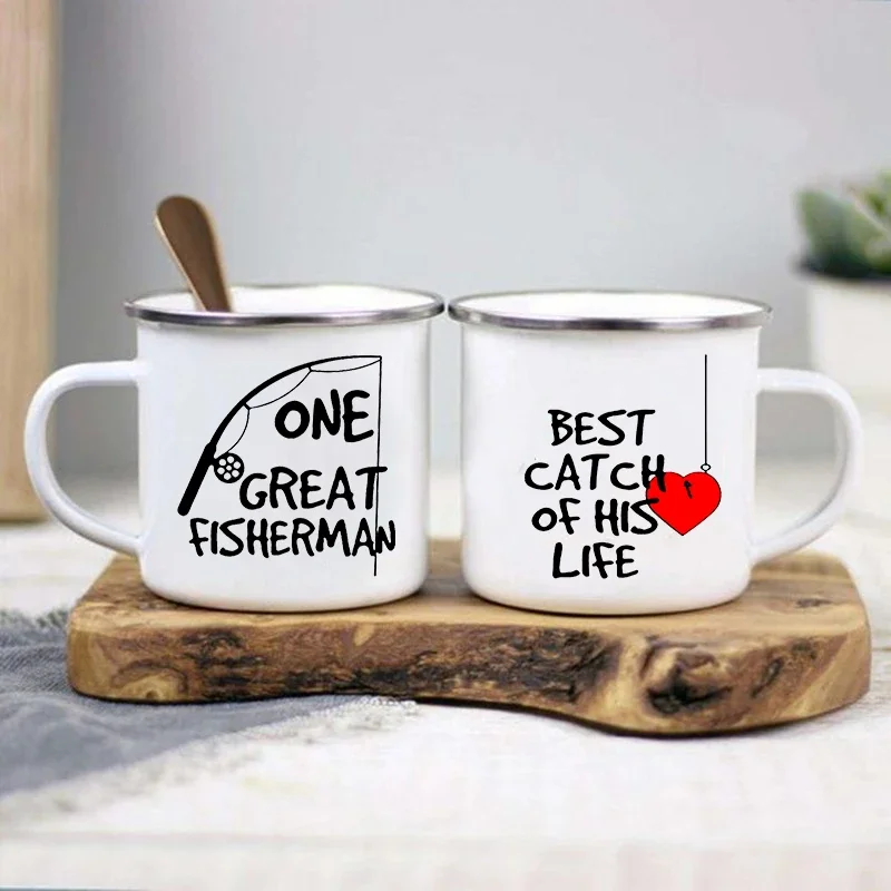 

One Great Fisherman Best Catch of His Life Couple Mugs Funny Coffee Cup Creative Enamel Camping Mug Handle Gift for Wife Husband