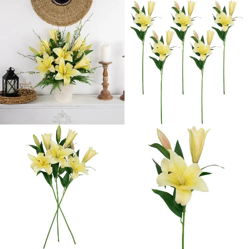 

High-Quality, 38" Long Artificial 6 Yellow Lily Floral Stems, Perfect for Vase Display and Addition to Home Decor